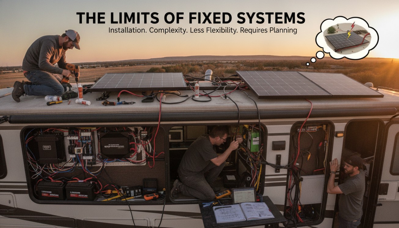 RV solar panel installation showing the limits of fixed systems, including wiring complexity, rooftop mounting and planning requirements